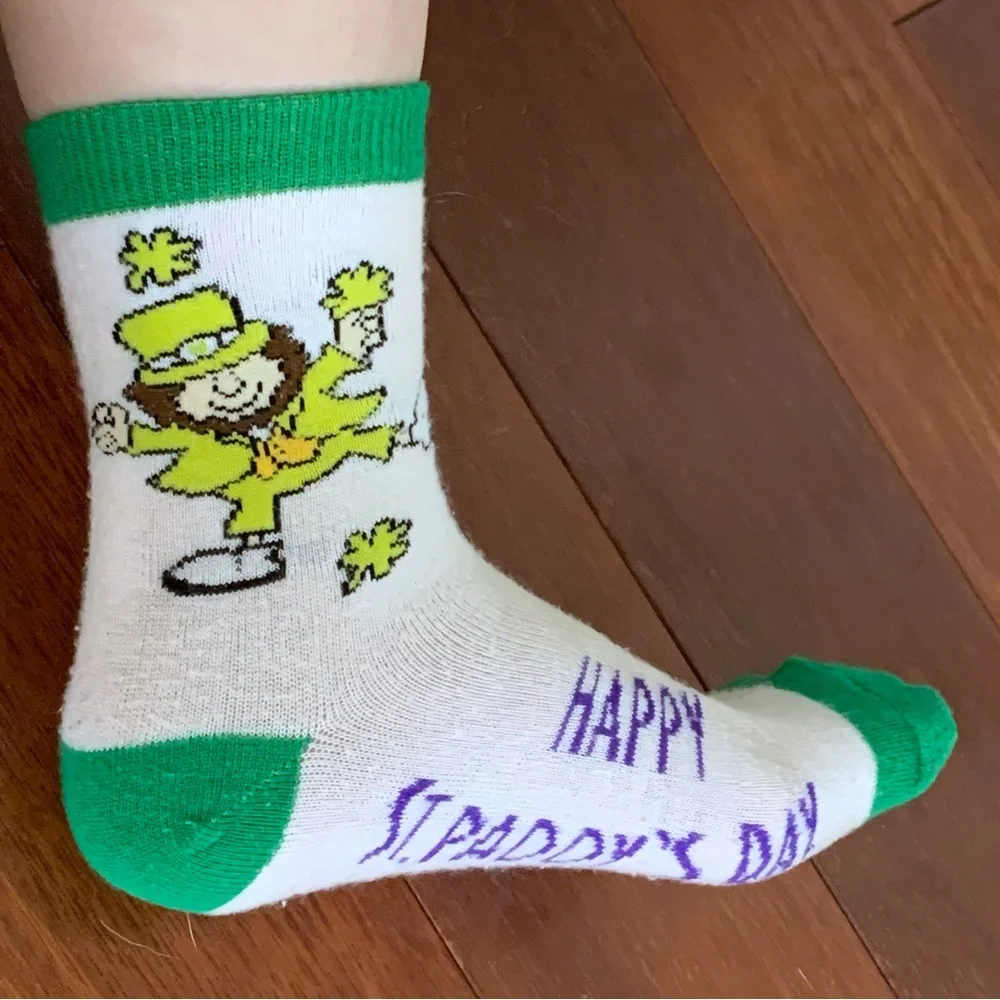 Green white leprechaun crew socks St. Patrick’s Day Irish shamrock lucky festive